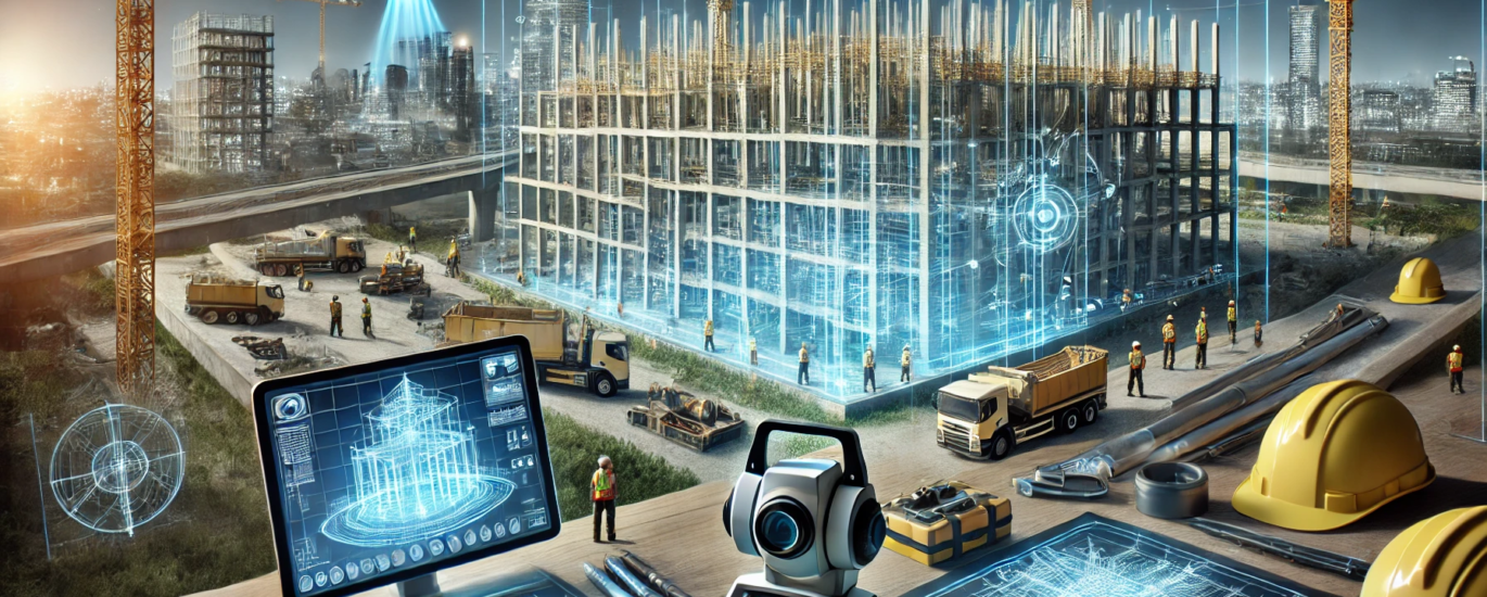 A futuristic construction site showcasing advanced tools and technologies. The scene includes a large building under construction, with cranes, worker.png