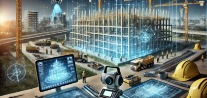 A futuristic construction site showcasing advanced tools and technologies. The scene includes a large building under construction, with cranes, worker.png