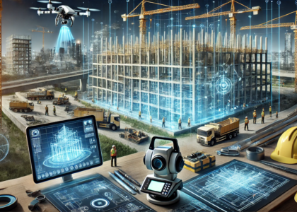 A futuristic construction site showcasing advanced tools and technologies. The scene includes a large building under construction, with cranes, worker.png